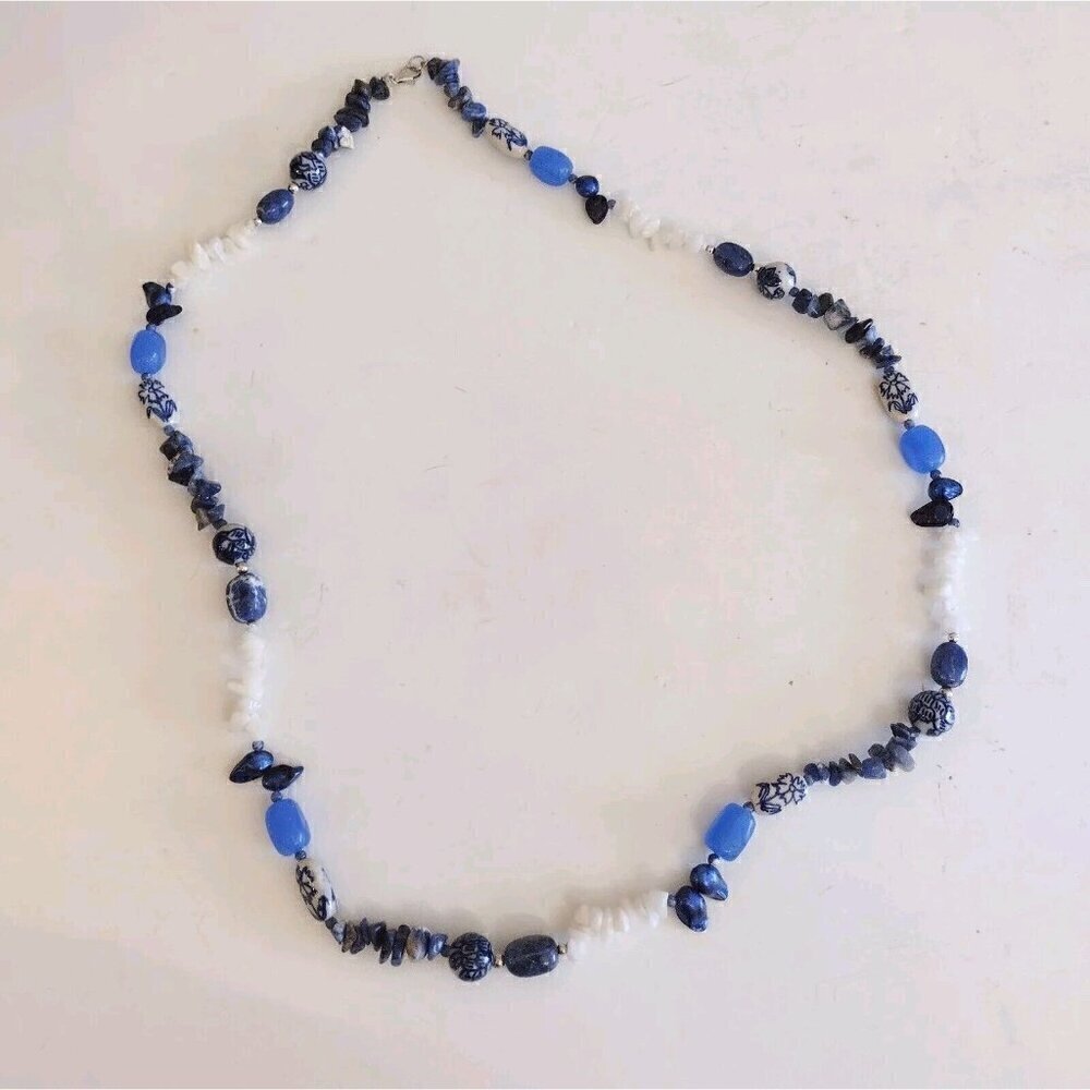 Chinese Blue White Bead Sodalite Chip Dyed Freshwater Pearl Necklace Sterling
